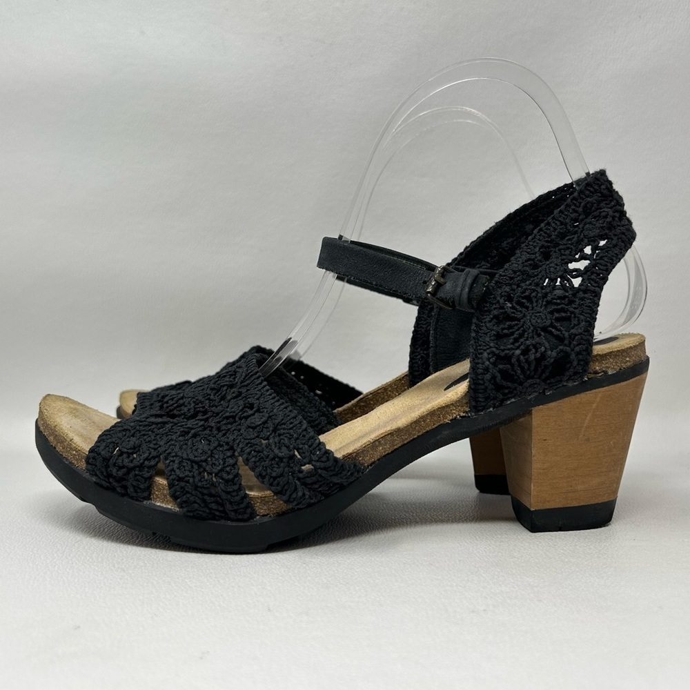 Bussuloa La Jolla Black Crochet Ankle Strap Wooden Heel Sandals, Women’s Size 40
